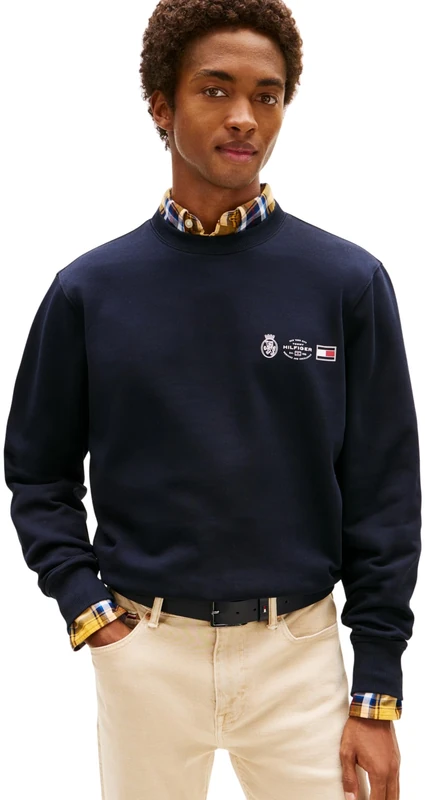 Tommy Hilfiger Men’s Round Neck Small Crest Outline Sweatshirt, Blue (Desert Sky), XS