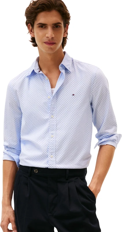 Tommy Hilfiger Men’s Flex Poplin Mini Print Slim Fit Shirt, Blue (Sweet Blue/Allover), S