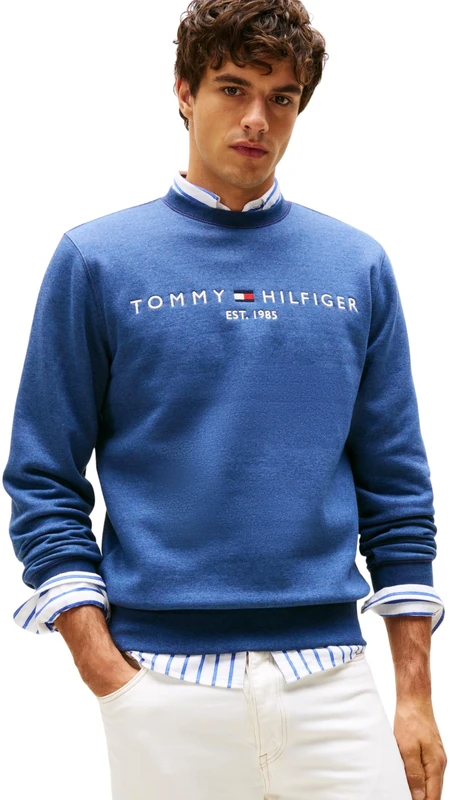 Tommy Hilfiger Men’s Tommy Logo Sweatshirt without Hood, Blue (Aegean Sea Heather), M