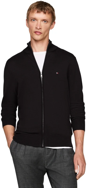 Tommy Hilfiger Men’s Essential Cotton Stand Collar Jumper with Zip, Black (Black), XL