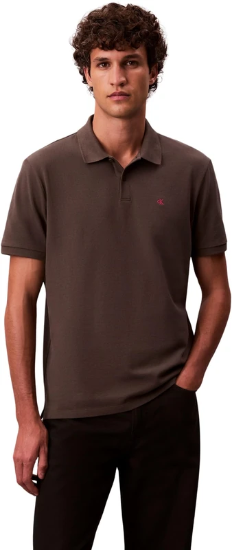 Calvin Klein Men’s Short Sleeve Monogram Pique Cotton Polo Shirt, Brown (Beluga), XS