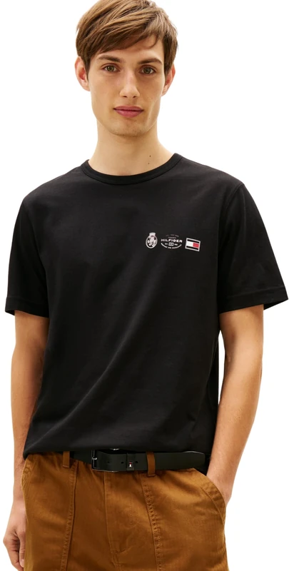 Tommy Hilfiger Men’s Short Sleeve Round Neck Small Crest Outline T-Shirt, Black (Black), S