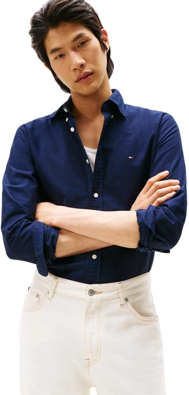 Tommy Hilfiger Men’s Long Sleeve Oxford Shirt, Blue (Preppy Navy/Desert Sky Solid), XXL