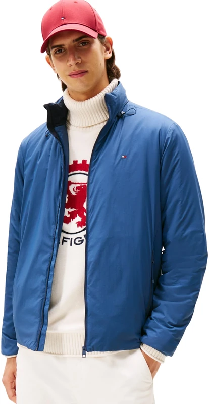 Tommy Hilfiger Men's Lightweight Windbreaker with Stand Collar, Blue (Aegean Sea), L