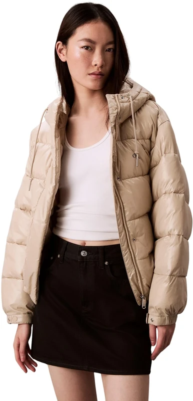 Calvin Klein Women’s Shine Puffer Jacket with Hood, Off-White (Island Fossil), M