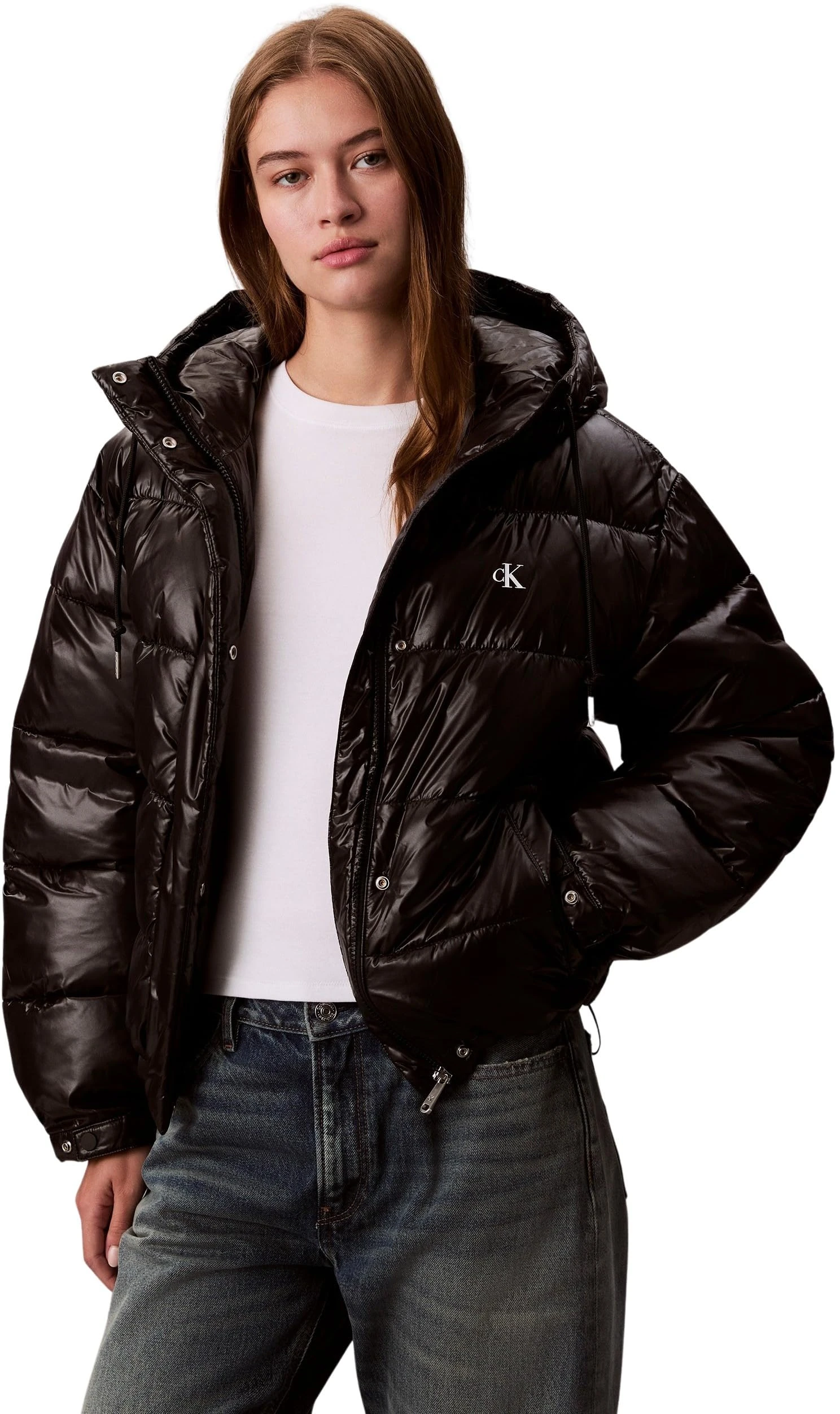 Calvin Klein Women’s Shine Puffer Jacket with Hood, Black (Black), XS