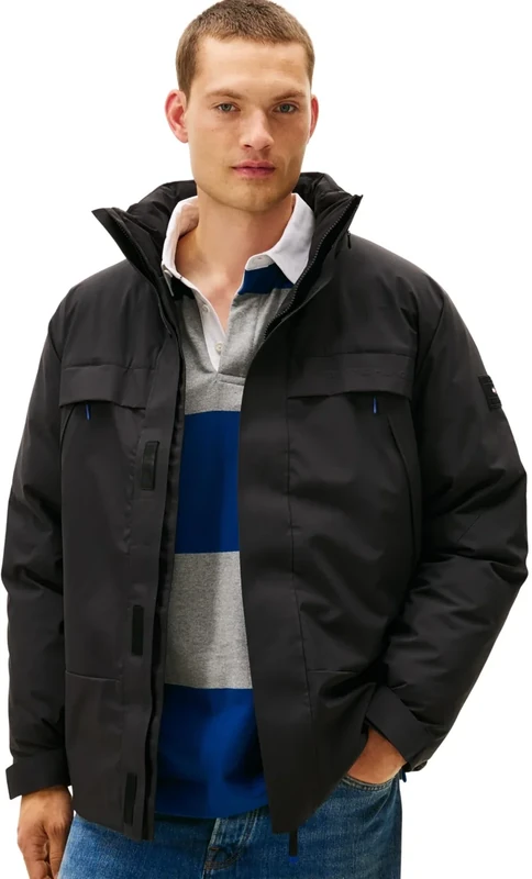 Tommy Hilfiger Men's Tech Padded Windbreaker with Stand Collar, Black (Black), XXL