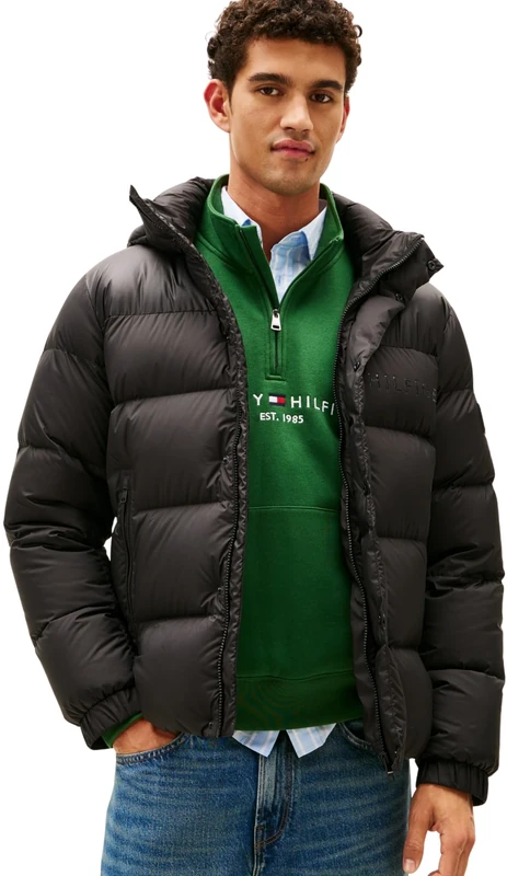 Tommy Hilfiger Men’s Mix Down Puffer Jacket with Hood, Black (Black), XL