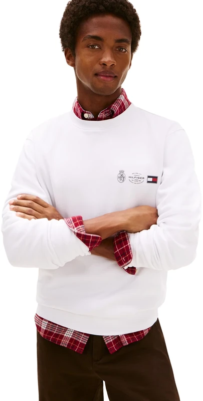 Tommy Hilfiger Men’s Round Neck Small Crest Outline Sweatshirt, White (White), L
