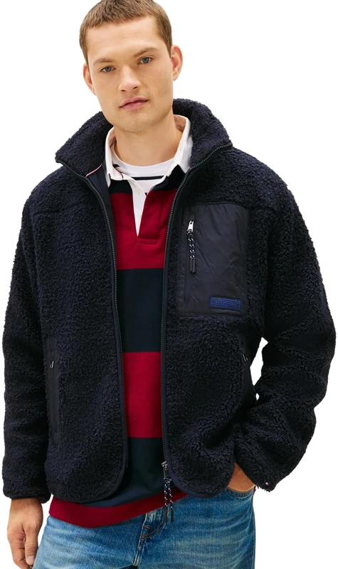 Tommy Hilfiger Men’s Teddy Fleece Zip Through Sweatshirt with Stand Collar, Blue (Desert Sky), L