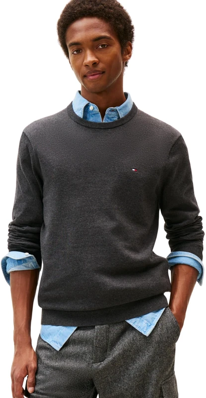 Tommy Hilfiger Men’s Essential Cotton Round Neck Jumper, Grey (Dark Grey Heather), L