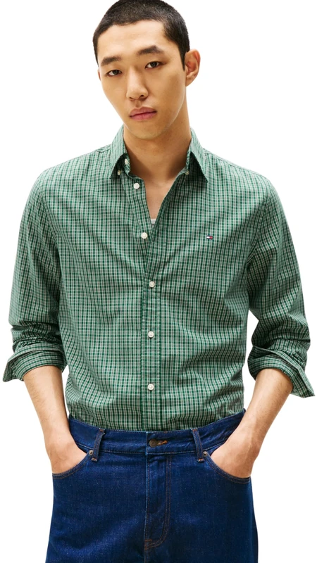 Tommy Hilfiger Men’s Flex Poplin Mini Tartan Regular Fit Shirt, Green (Ornamental Green/Check), M