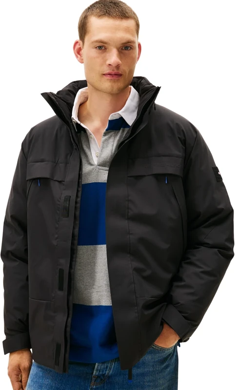 Tommy Hilfiger Men's Tech Padded Windbreaker with Stand Collar, Black (Black), L