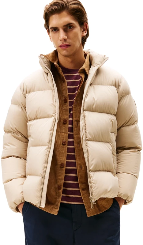 Tommy Hilfiger Men’s Down Puffer Jacket with Stand Collar, Beige (Sandalwood), M