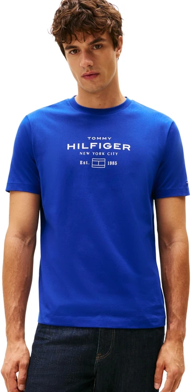 Tommy Hilfiger Men’s Short Sleeve Round Neck Stack Graphic T-Shirt, Blue (Wedge Blue), XL