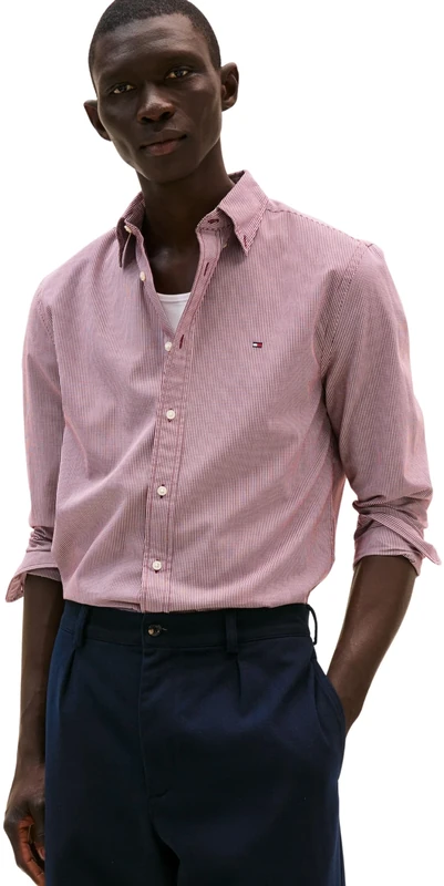 Tommy Hilfiger Men’s Flex Poplin Micro Gingham Regular Fit Shirt, Red (Deep Rouge/Check), S