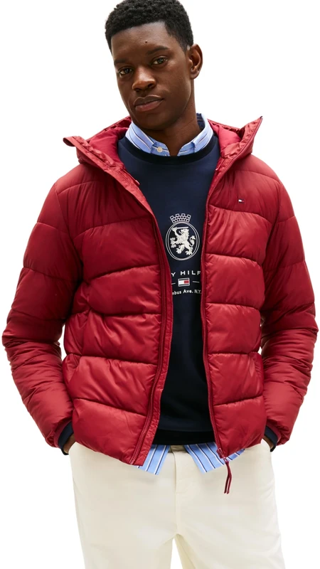 Tommy Hilfiger Men’s Mid Weight Puffer Jacket with Hood, Red (Regatta Red), XL