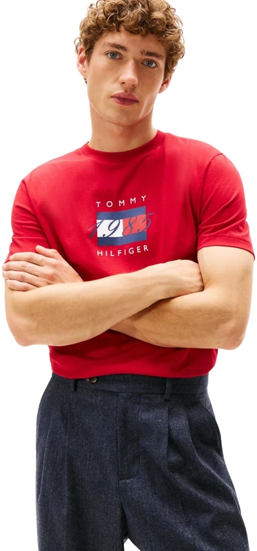 Tommy Hilfiger Men’s Short Sleeve Linear Flag Graphic Regular Fit T-Shirt, Red (Medium Red), L