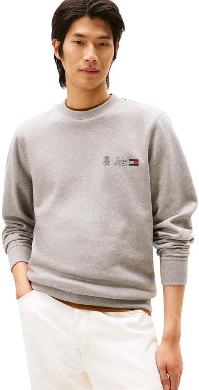 Tommy Hilfiger Men’s Round Neck Small Crest Outline Sweatshirt, Grey (Medium Grey Heather), XS