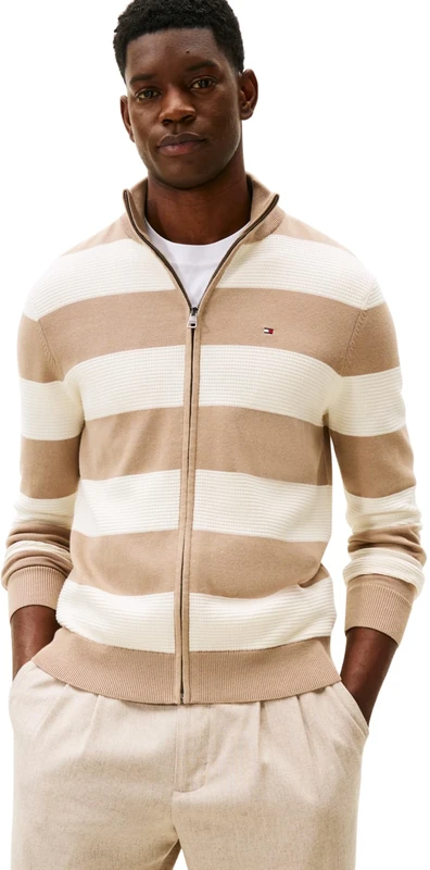 Tommy Hilfiger Men’s Zip Through Cotton Jumper with Stand Collar, Beige (Coastal Taupe/Ivory Petal), XL