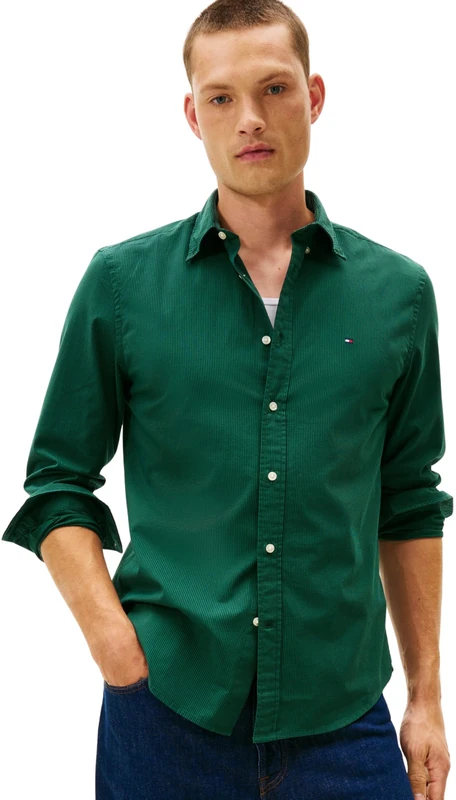 Tommy Hilfiger Men’s Flex Poplin Micro Gingham Regular Fit Shirt, Green (Ornamental Green/Check), L