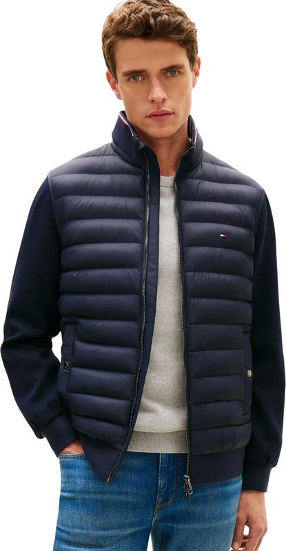 Tommy Hilfiger Men’s Stand Collar Mix Media Quilted Sweatshirt with Zip, Blue (Desert Sky), XS