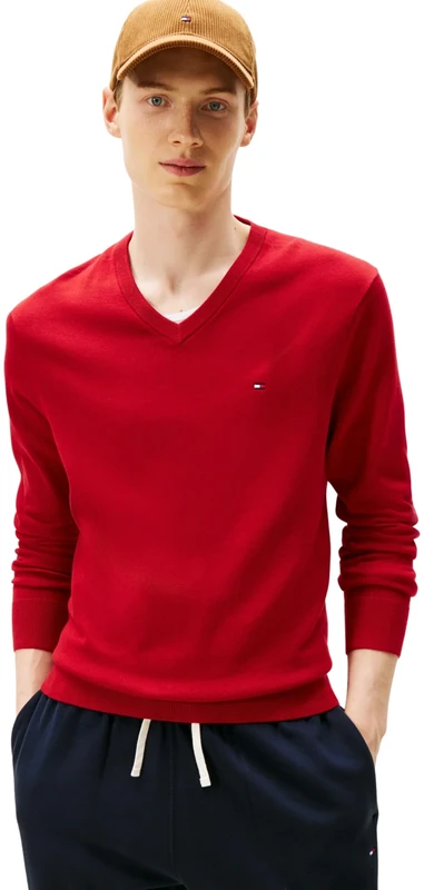 Tommy Hilfiger Men’s Essential Cotton V-Neck Jumper, Red (Medium Red), XL