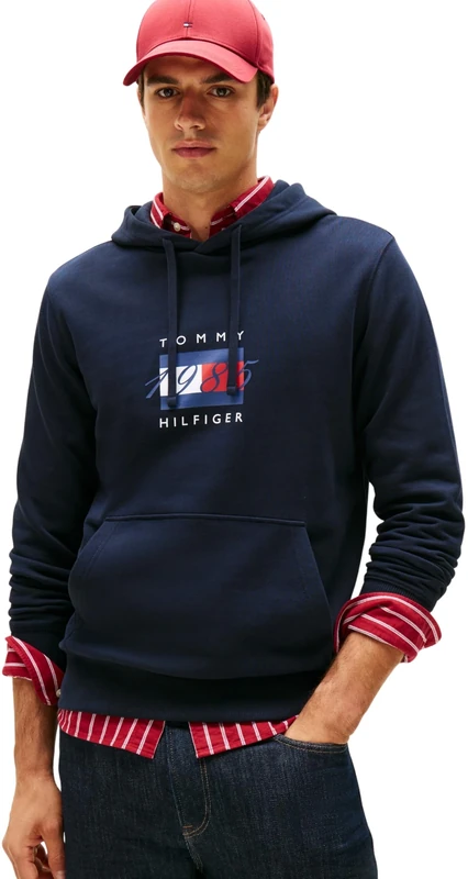 Tommy Hilfiger Men’s Linear Flag Graphic Cotton Hoodie, Blue (Desert Sky), XXL