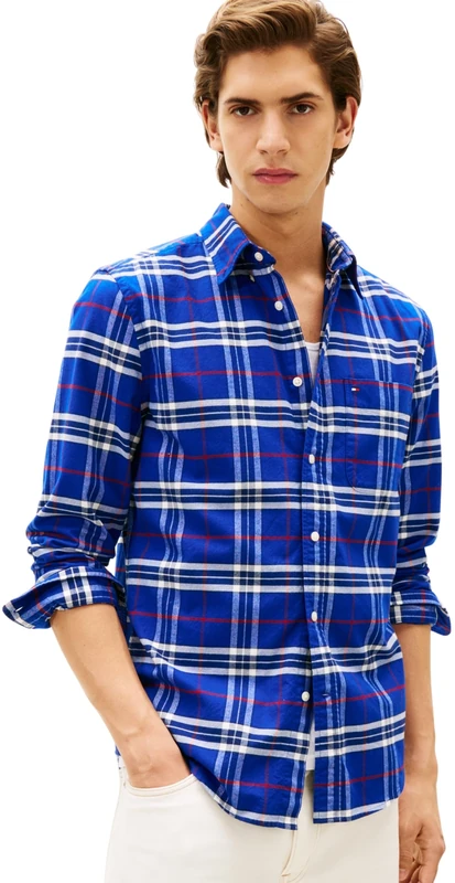 Tommy Hilfiger Men’s Brushed Oxford Check Regular Fit Shirt, Multicolor (Wedge Blue/Check), XL
