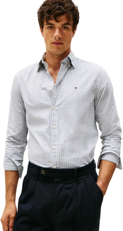 Tommy Hilfiger Men’s Flex Poplin Mini Tartan Regular Fit Shirt, Multicolor (Breezy Blue/Check), XXL