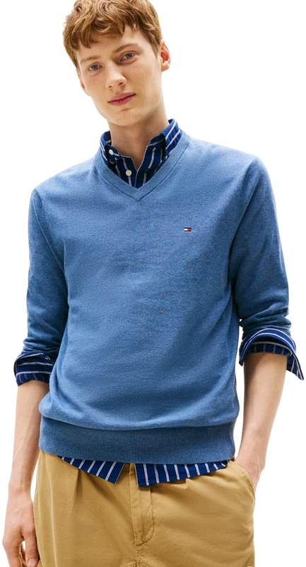 Tommy Hilfiger Men’s Essential Cotton V-Neck Jumper, Blue (Petrol Blue Heather), M