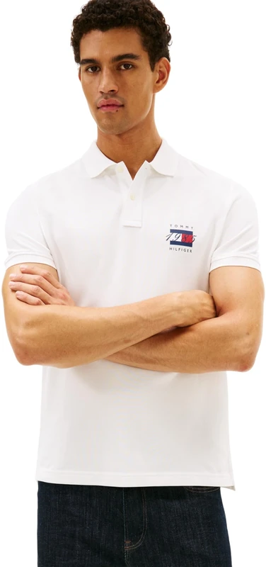 Tommy Hilfiger Men’s Short Sleeve Flag Graphic Pique Regular Fit Polo Shirt, White (Ecru), M