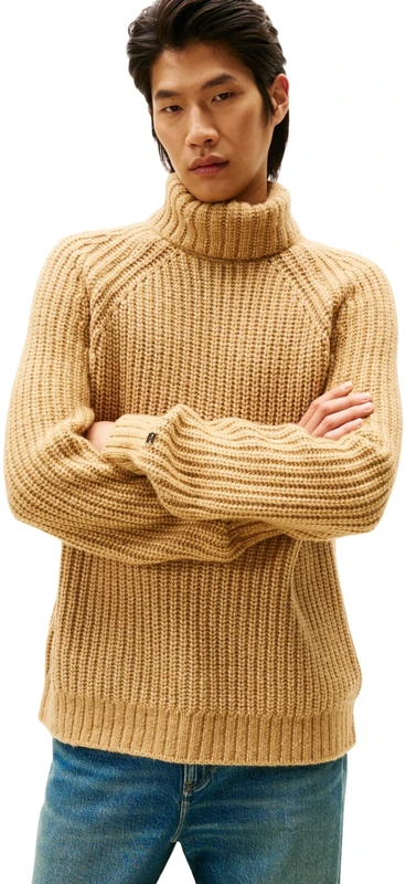 Tommy Hilfiger Men’s Chunky Ribbed Knit Roll Neck Jumper, Beige (Timeless Camel), L