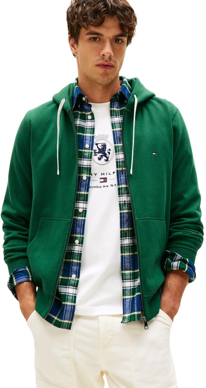 Tommy Hilfiger Men’s Essential Fleece Zip Through Hoodie with Pockets, Green (Ornamental Green), S