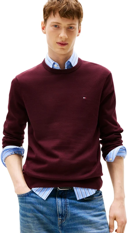 Tommy Hilfiger Men’s Essential Cotton Round Neck Jumper, Red (Deep Burgundy), XS