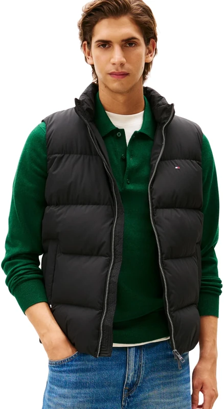 Tommy Hilfiger Men’s Down Gilet with Stand Collar, Black (Black), L