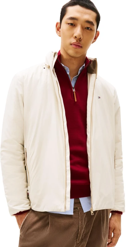 Tommy Hilfiger Men's Lightweight Windbreaker with Stand Collar, Off-White (Newsprint), L