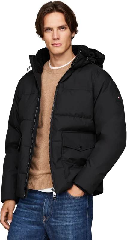 Tommy Hilfiger Men’s Rockie Utility Puffer Jacket with Hood, Black (Black), XS