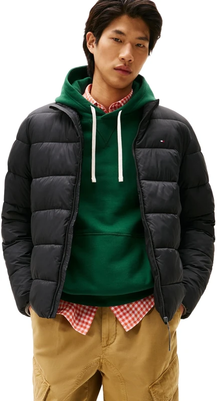 Tommy Hilfiger Men’s New Mid Weight Puffer Jacket with Stand Collar, Black (Black), XL