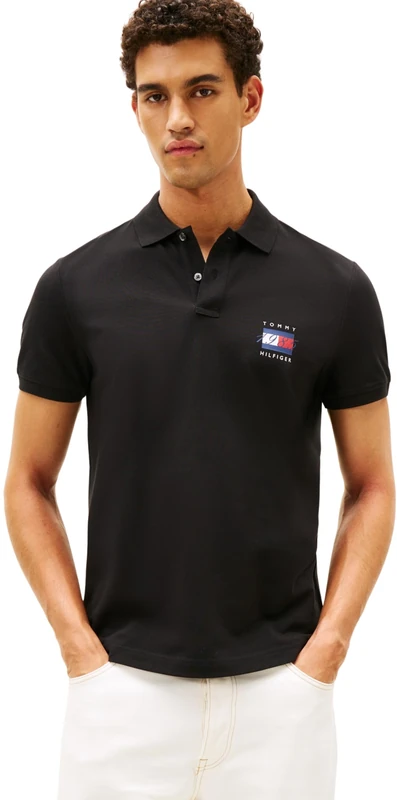 Tommy Hilfiger Men’s Short Sleeve Flag Graphic Pique Regular Fit Polo Shirt, Black (Black), M