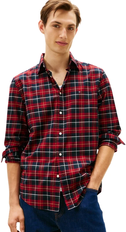 Tommy Hilfiger Men’s Mercerised Tartan Regular Fit Shirt, Red (Regatta Red/Check), L