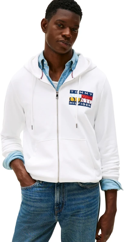 Tommy Hilfiger Men’s Colour Flag Zip Through Hoodie with Logo, White (White), M