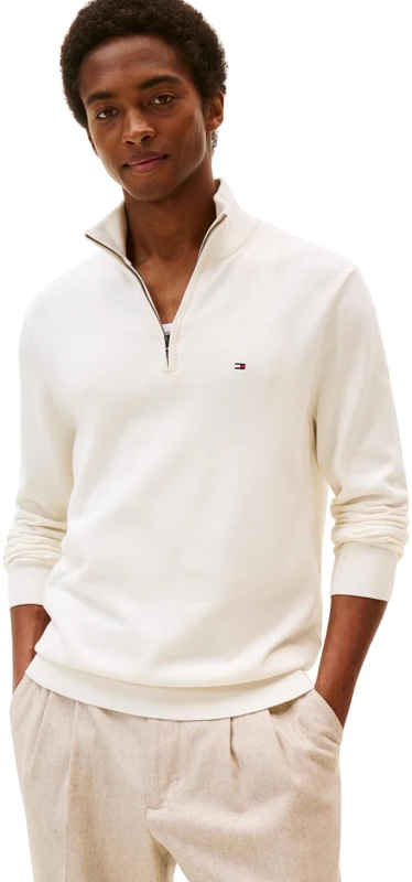 Tommy Hilfiger Men’s Essential Cotton Half Zip Jumper, Off-White (Ivory Petal), M