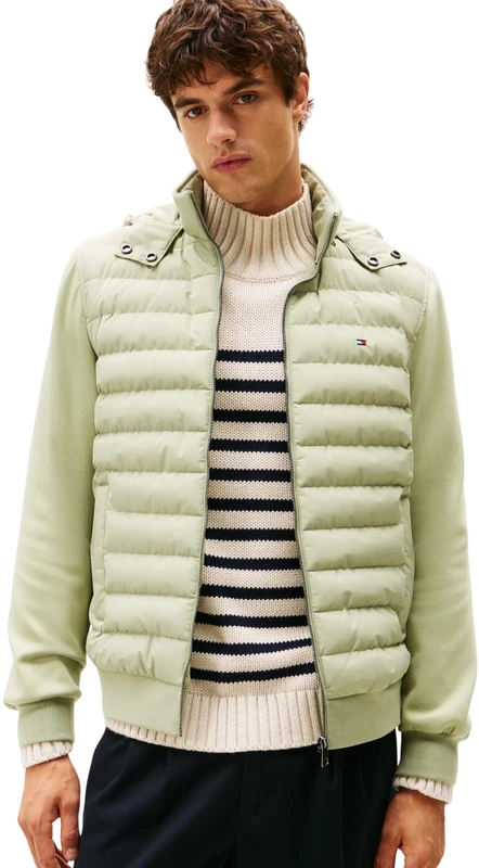 Tommy Hilfiger Men’s Mix Media Quilted Zip Through Hoodie, Green (Earth Sage), S