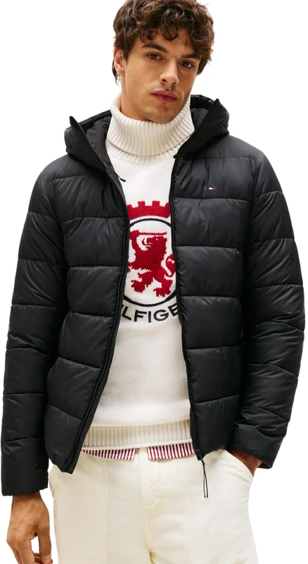 Tommy Hilfiger Men’s Mid Weight Puffer Jacket with Hood, Black (Black), XXL