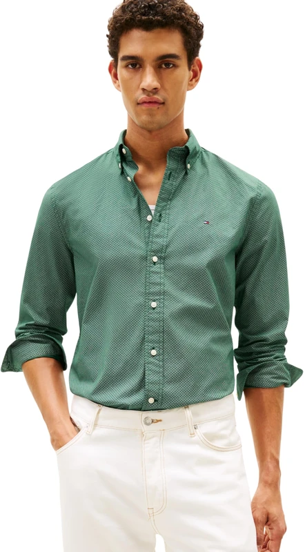 Tommy Hilfiger Men’s Flex Poplin Micro Regular Fit Shirt, Green (Ornamental Green/Allover), XXL