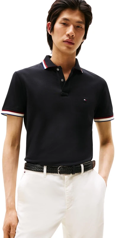Tommy Hilfiger Men’s Short Sleeve Cuff Interest Slim Fit Polo Shirt, Black (Black), XS