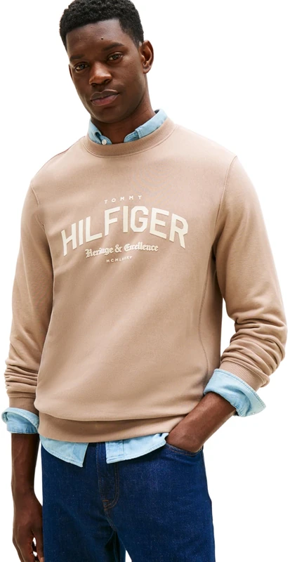 Tommy Hilfiger Men’s Regular Fit Arch Crew Neck Sweatshirt, Beige (Coastal Taupe), XL