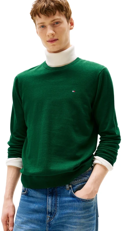 Tommy Hilfiger Men’s Essential Cotton Round Neck Jumper, Green (Ornamental Green Heather), XXL