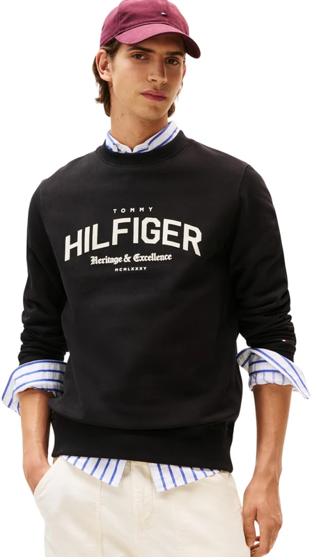 Tommy Hilfiger Men’s Regular Fit Arch Crew Neck Sweatshirt, Black (Black), L